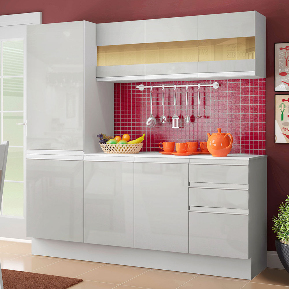 Cozinha Compacta 100% Mdf Madesa Smart 170 Cm Modulada Com Armário, Balcão E Tampo Frentes Branco Brilho Branco