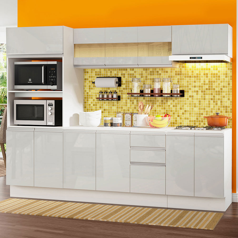 Cozinha Completa 100% Mdf Madesa Smart 250 Cm Modulada Com Balcão E Tampo Frentes Branco Brilho Branco