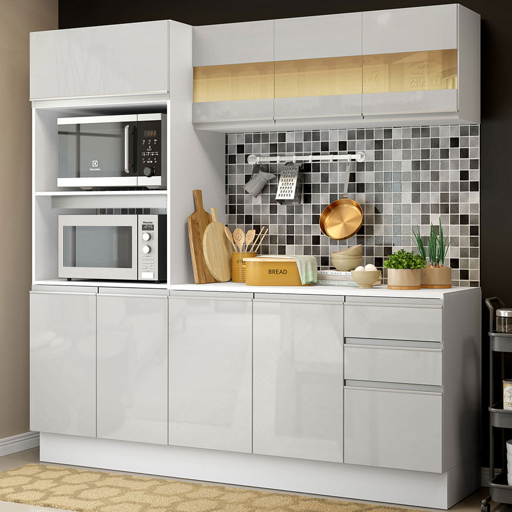 Cozinha Compacta 100% Mdf Madesa Smart 190 Cm Com Armário, Balcão E Tampo Frentes Branco Brilho Branco