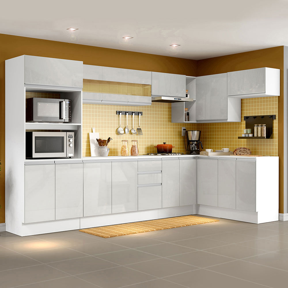 Armário De Cozinha Completa De Canto Madesa Smart 100 Mdf Modulada Frentes Branco Brilho