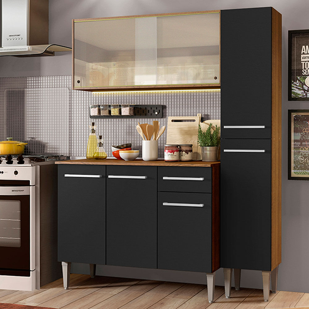 Armário De Cozinha Compacta Madesa Emilly Force Com Balcão E Paneleiro Rustic/Preto Marrom