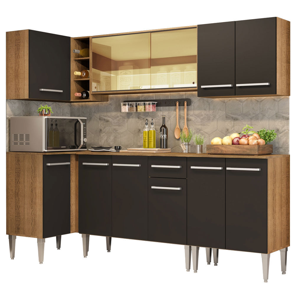 Armário De Cozinha Completa De Canto Madesa Emilly Play Com Balcão E Aéreo Vidro Reflex Rustic/Preto Marrom
