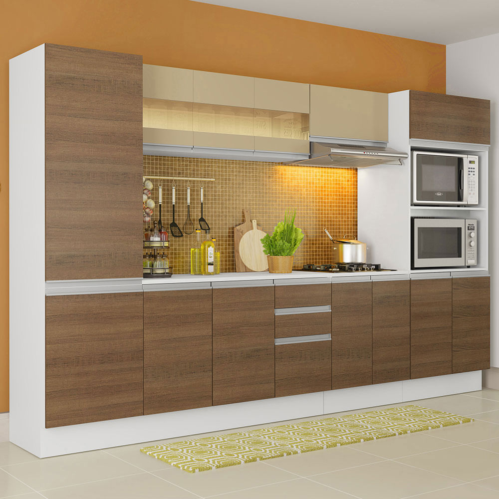 Armário De Cozinha Completa Madesa Smart 100 Mdf 300 Cm Com Balcão E Tampo Branco/Rustic Marrom