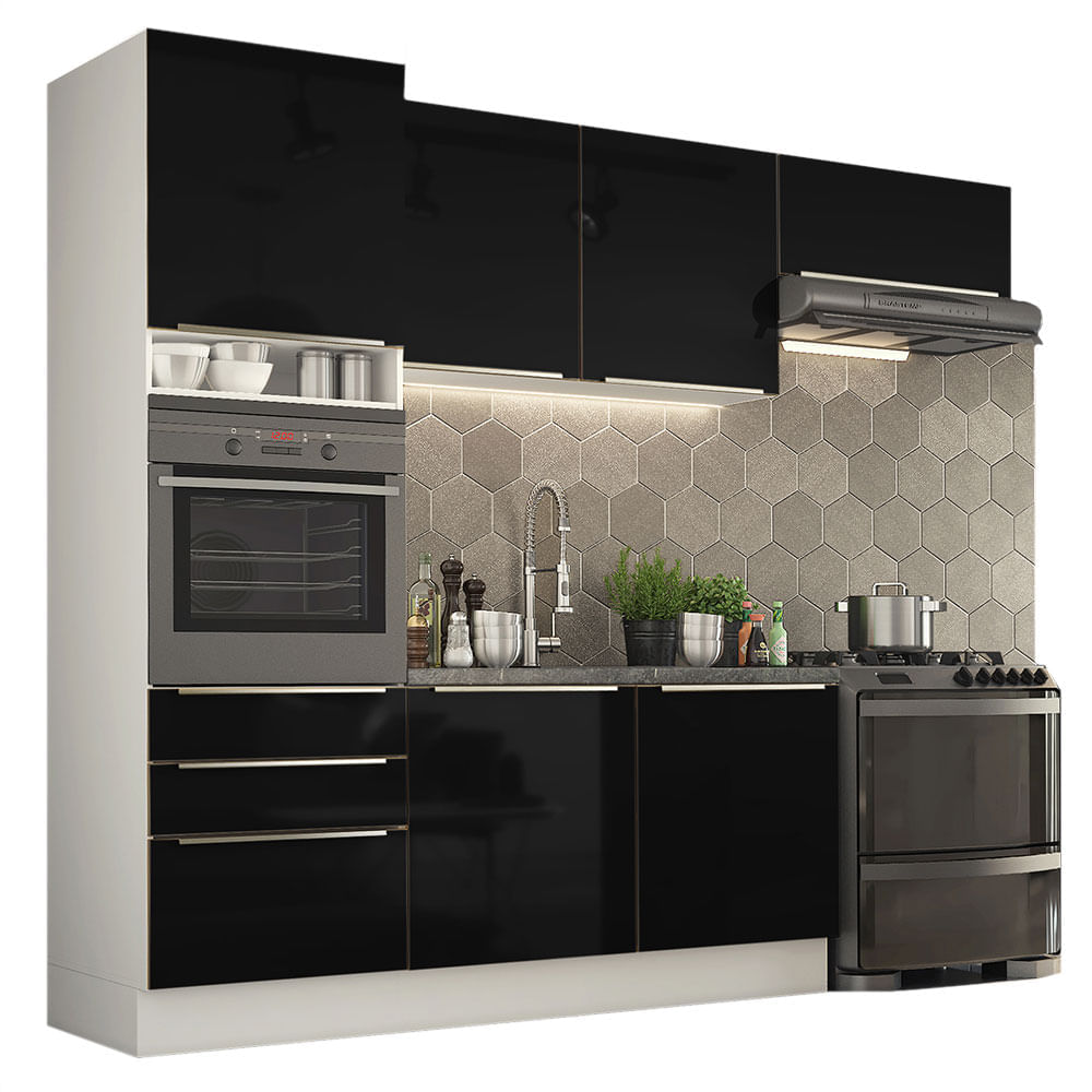 Cozinha Completa Madesa Lux Com Armário E Balcão 6 Portas 3 Gavetas Branco/Preto Branco