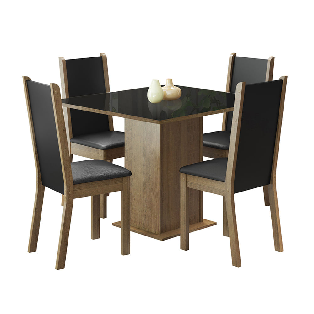 Conjunto Sala De Jantar Moscou Plus Madesa Mesa Tampo De Vidro Com 4 Cadeiras Rustic/Preto Marrom