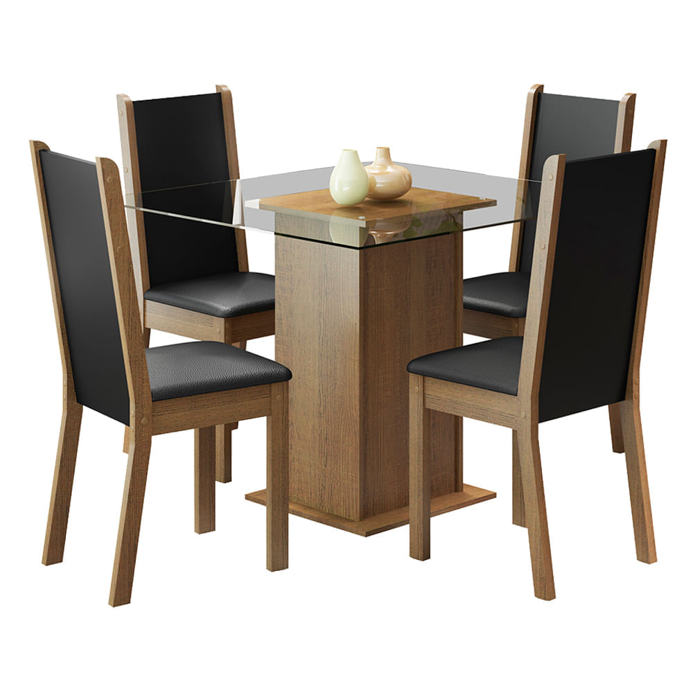 Conjunto Sala De Jantar Aline Madesa Mesa Tampo De Vidro Com 4 Cadeiras Rustic/Preto Marrom