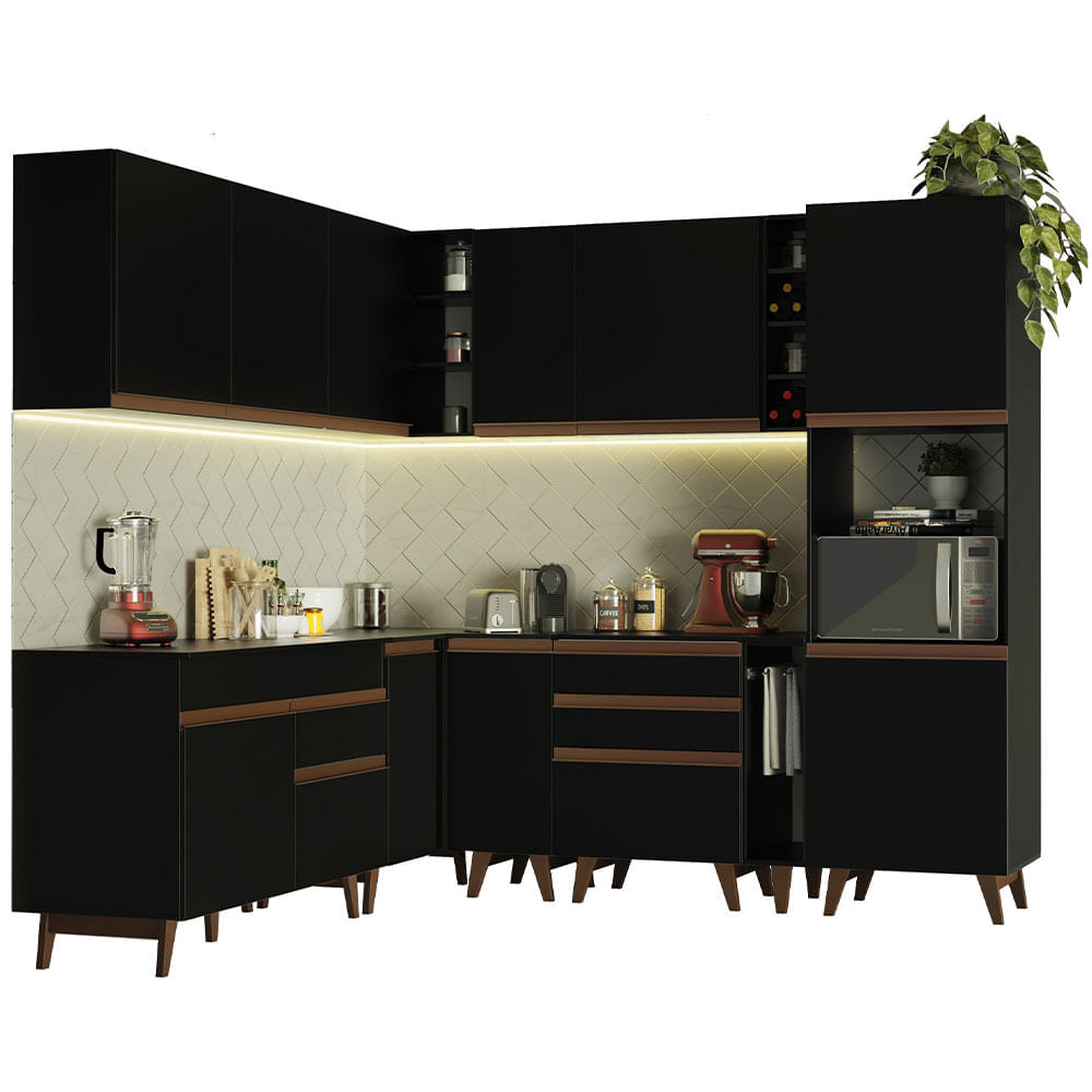 Cozinha Completa De Canto Madesa Reims 437001 Com Armário E Balcão Preto Preto