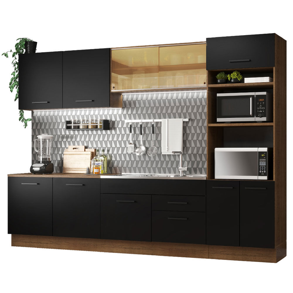 Cozinha Completa Madesa Agata 310001 Com Armário E Balcão (Sem Tampo E Pia) Rustic/Preto Marrom