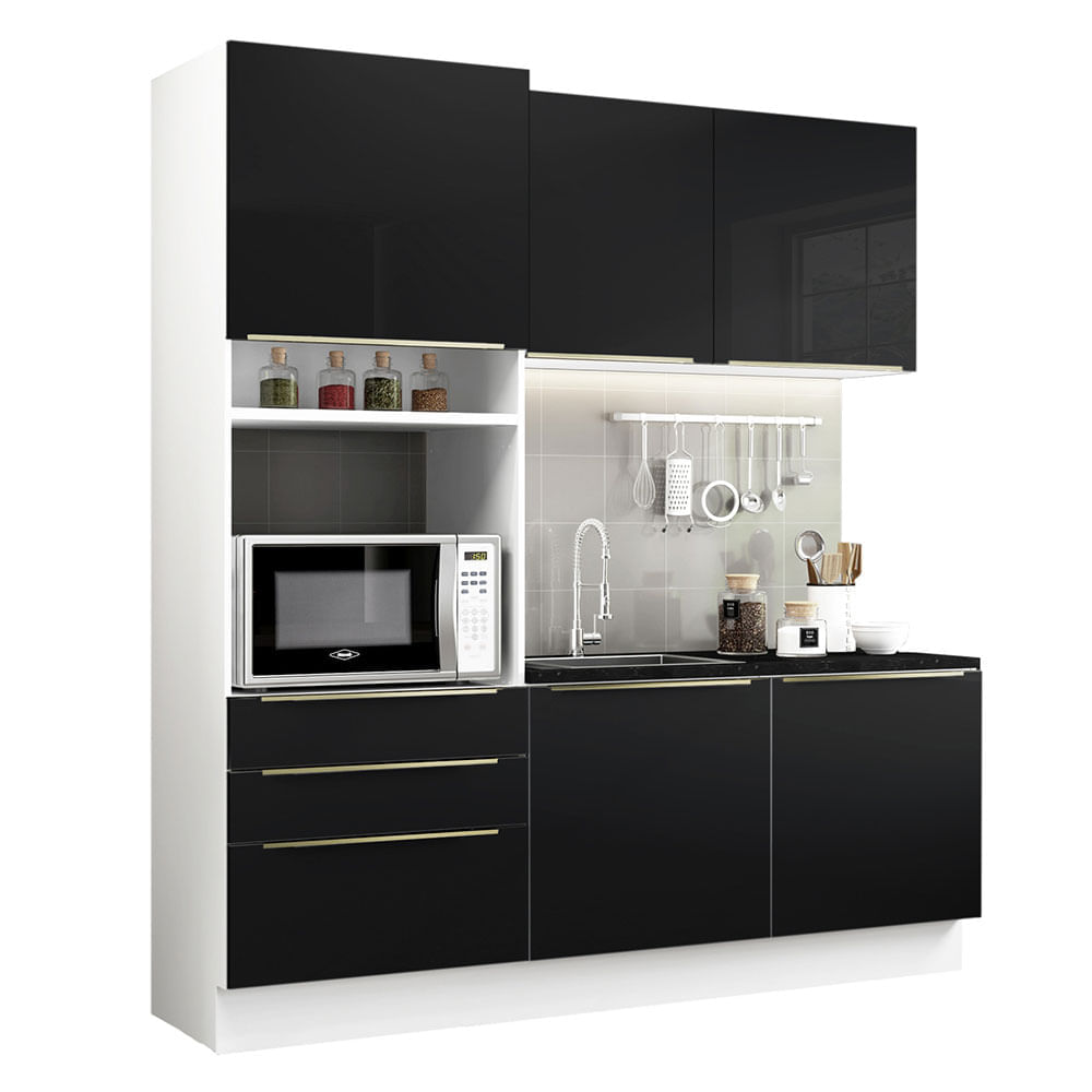 Cozinha Compacta Madesa Lux Com Armário E Balcão 5 Portas 3 Gavetas Branco/Preto