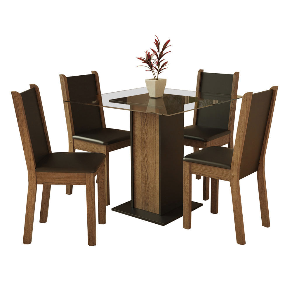 Conjunto Sala De Jantar Madesa Aline Mesa Tampo De Vidro Com 4 Cadeiras Preto/Rustic Marrom