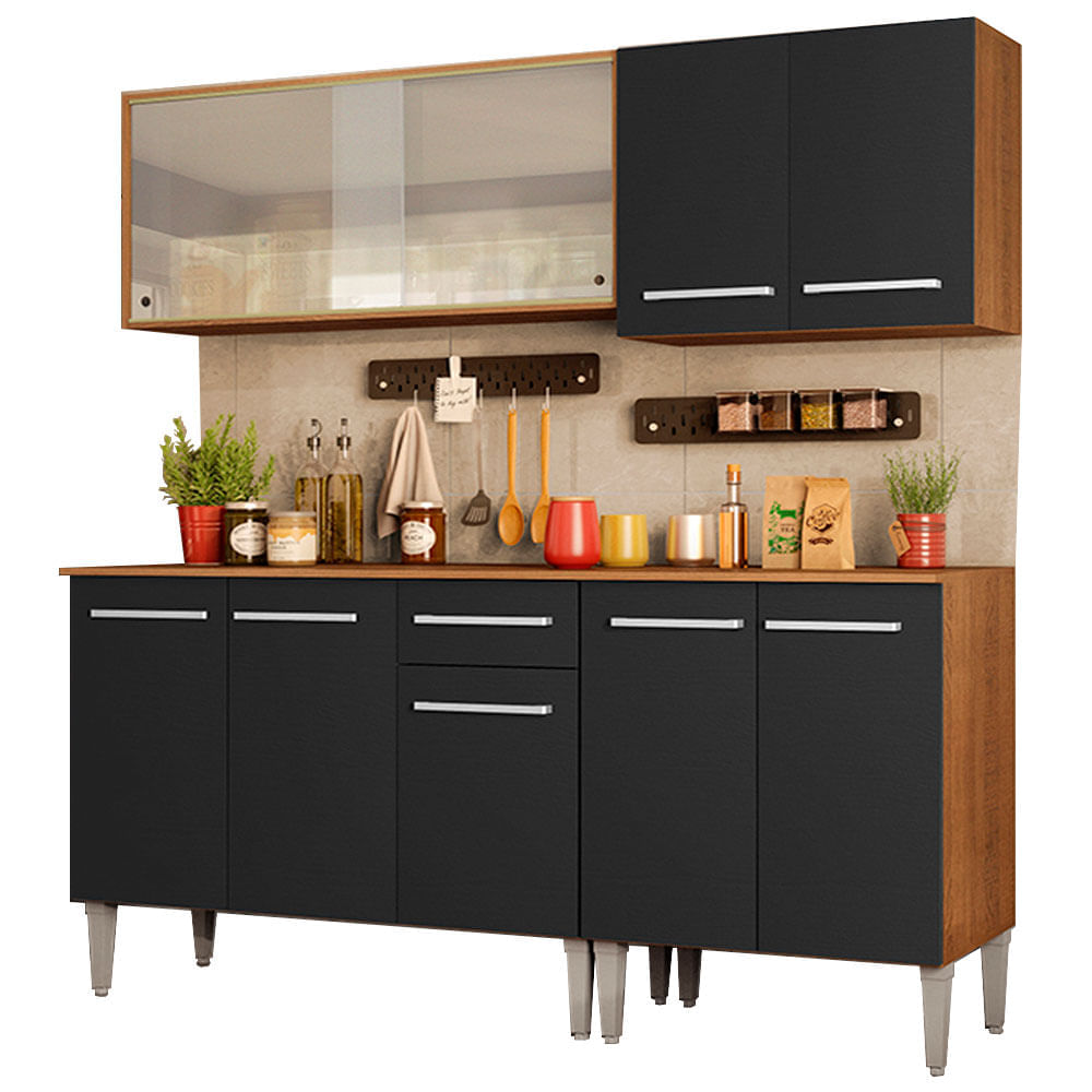 Armário De Cozinha Completa Madesa Emilly Box Com Balcão E Aéreo Vidro Rustic/Preto Marrom