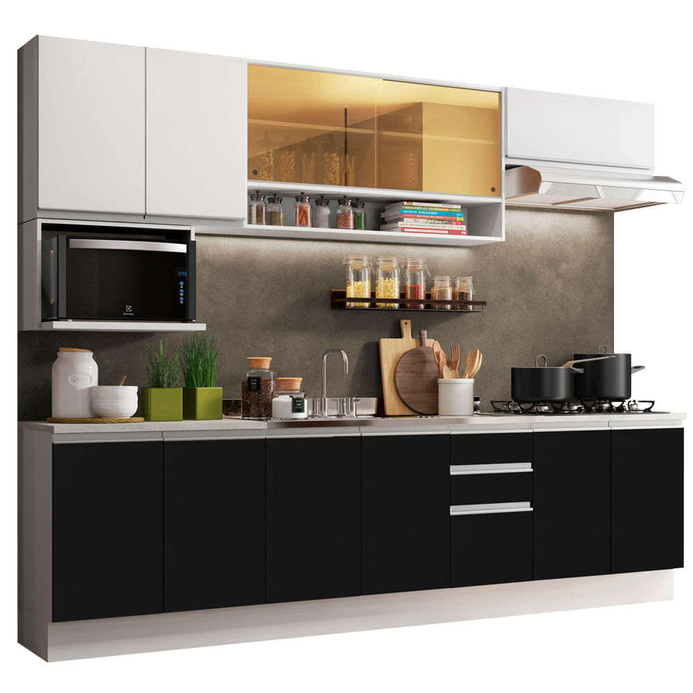 Cozinha Completa Madesa Genova Com Armário E Balcão (Sem Tampo E Pia) Branco/Preto/Branco Branco