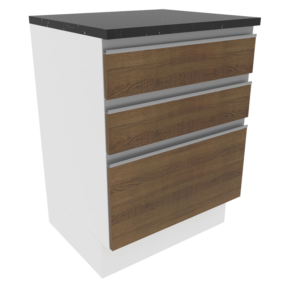 Balcão Madesa Acordes 100% Mdf 60 Cm 3 Gavetas Branco/Rustic Marrom