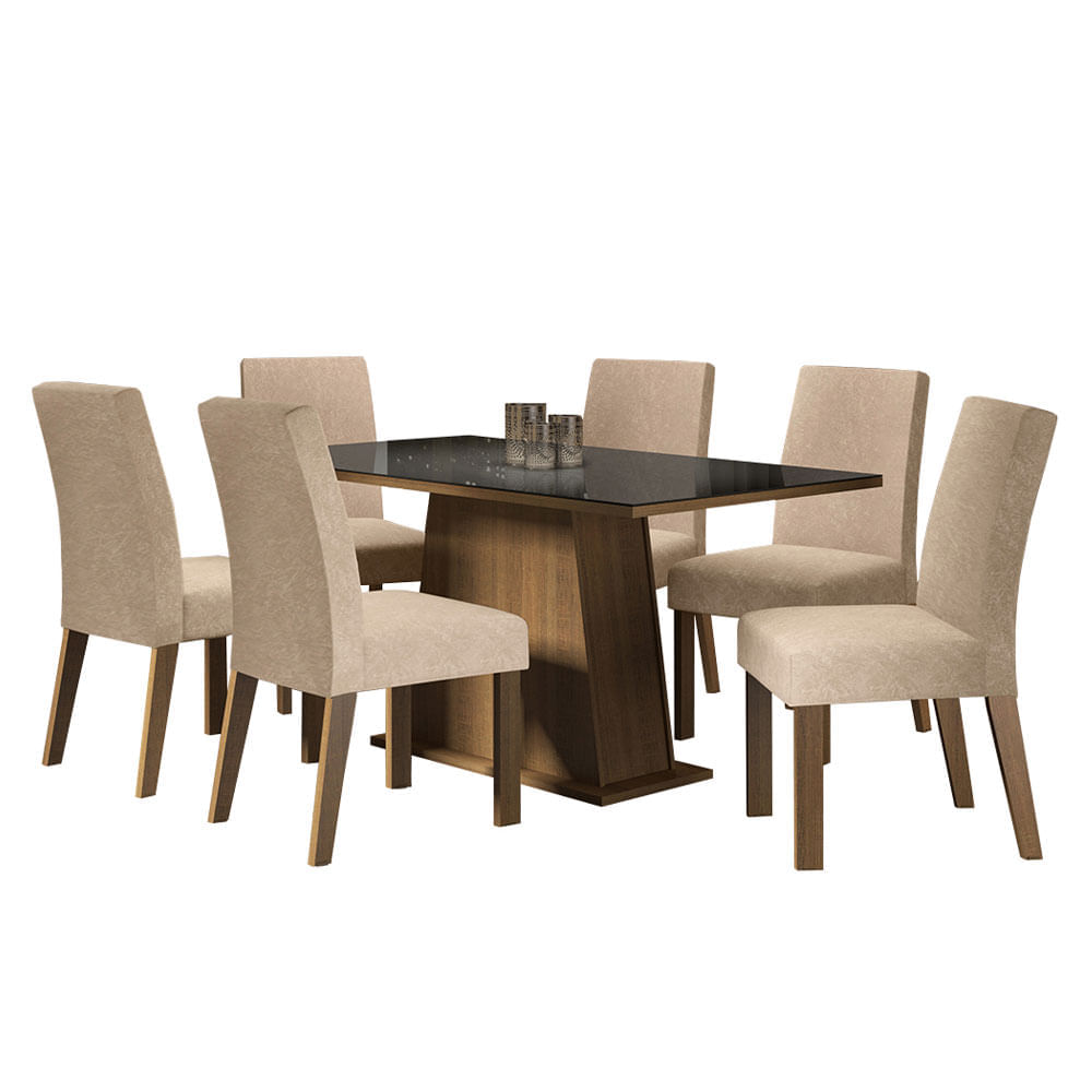 Conjunto Sala De Jantar Madesa Patricia Mesa Tampo De Vidro Com 6 Cadeiras Rustic/Preto/Imperial Marrom