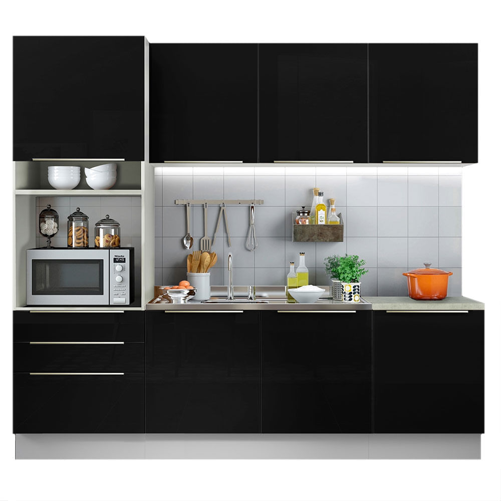 Cozinha Completa Madesa Lux Com Armário E Balcão 7 Portas 3 Gavetas Branco/Preto Branco