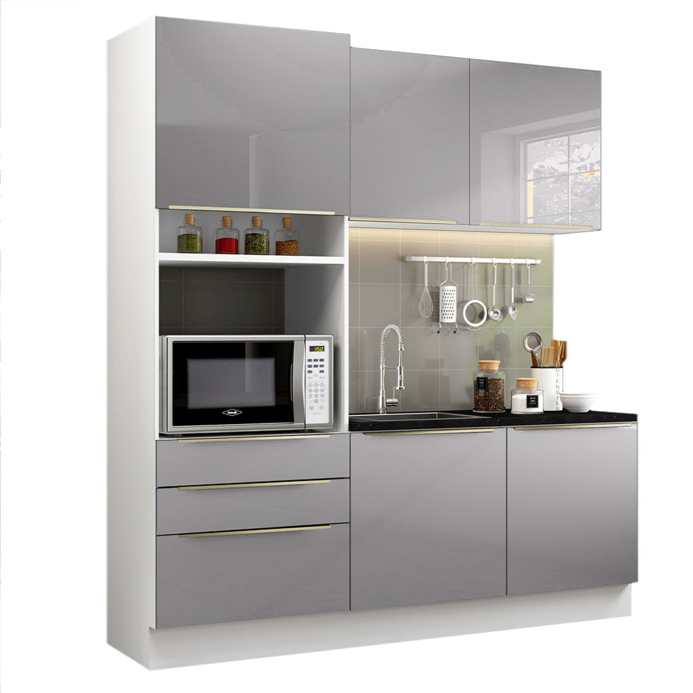 Cozinha Compacta Madesa Lux Com Armário E Balcão 5 Portas 3 Gavetas Branco/Cinza Branco