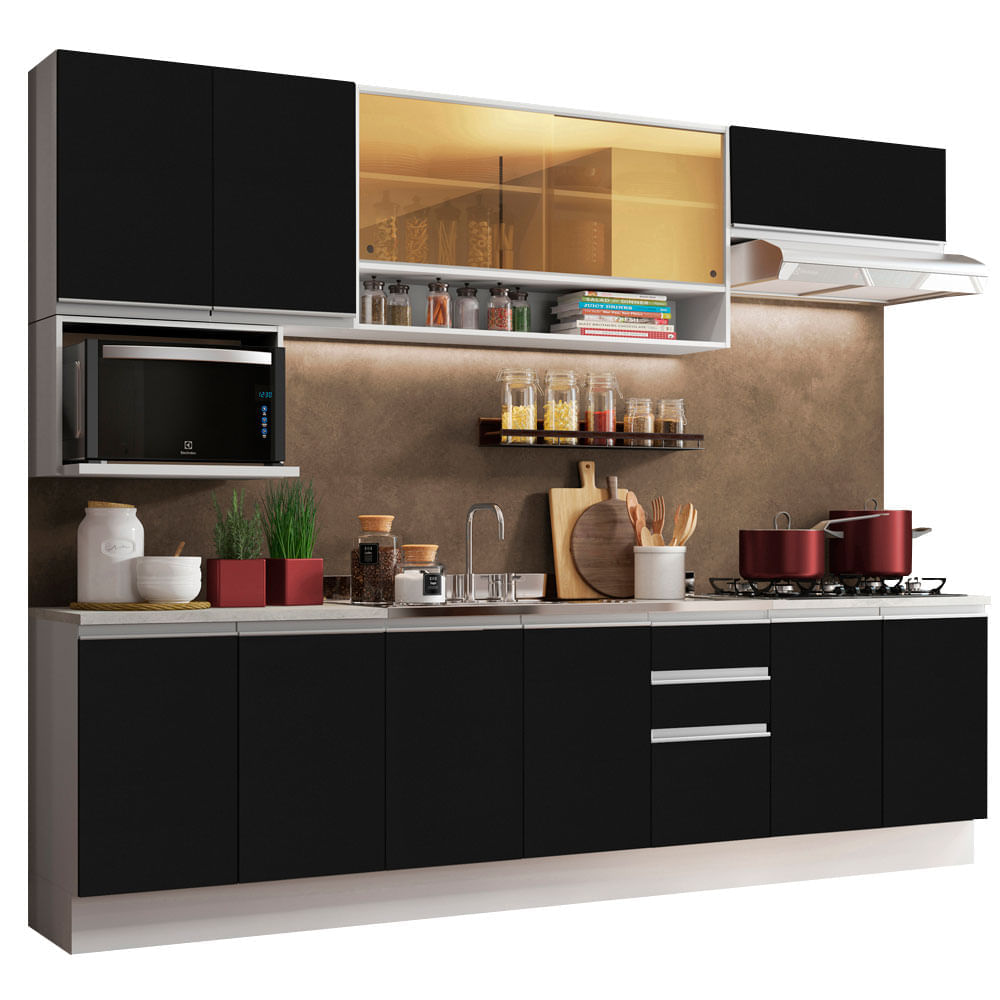 Cozinha Completa Madesa Genova Com Armário E Balcão (Sem Tampo E Pia) Branco/Preto Branco