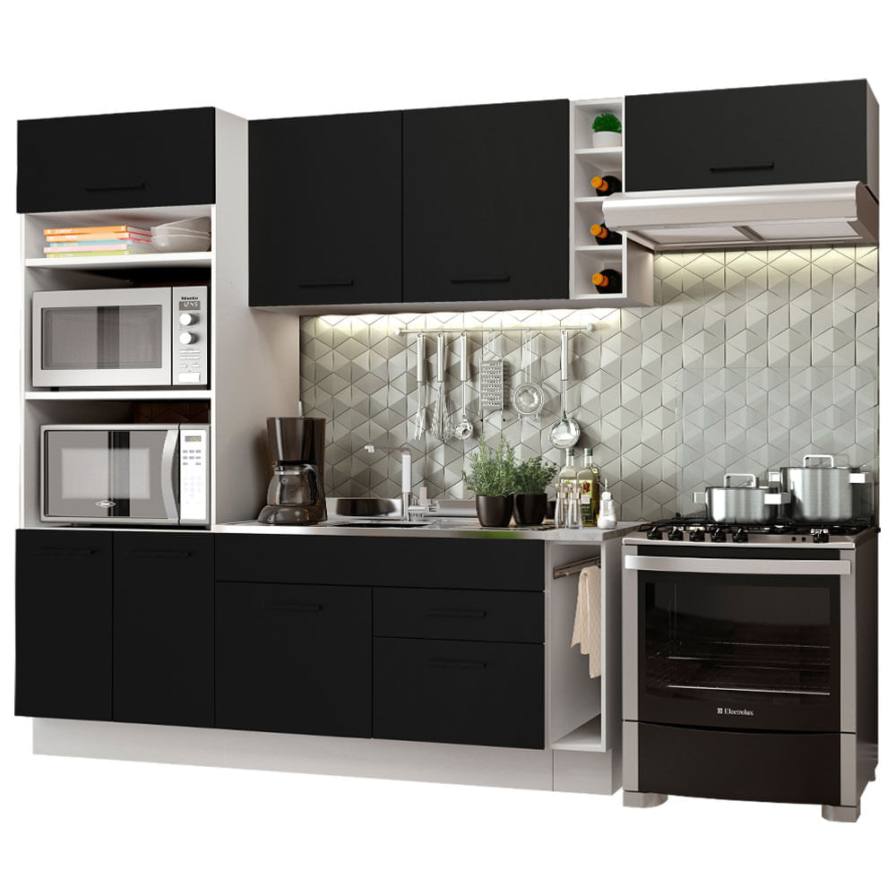 Cozinha Completa Madesa Agata 290002 Com Armário E Balcão (Sem Tampo E Pia) Branco/Preto Branco
