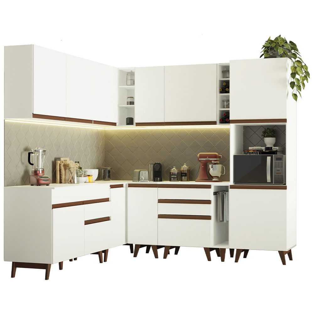 Cozinha Completa De Canto Madesa Reims 437001 Com Armário E Balcão Branco Branco