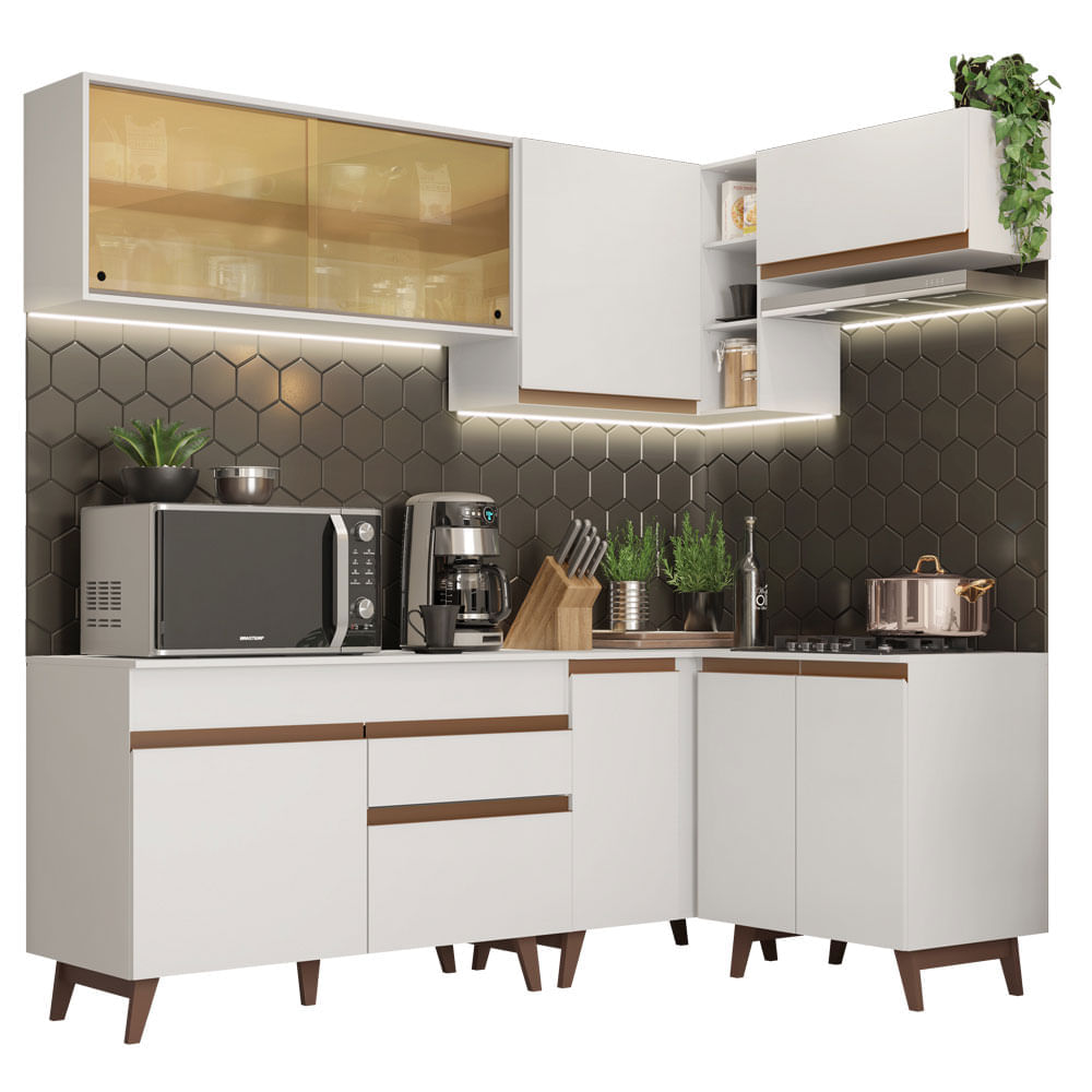 Cozinha Completa De Canto Madesa Reims 332002 Com Armário E Balcão Branco Branco