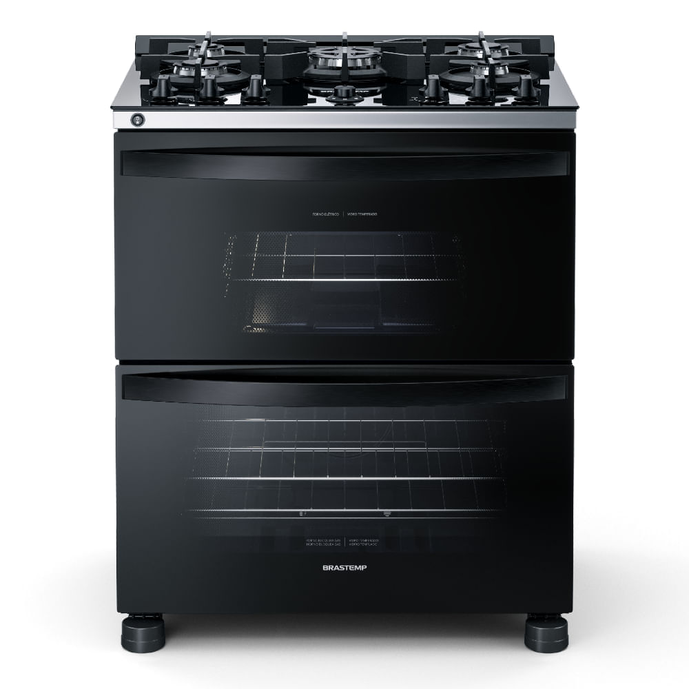 Fogão Brastemp 5 Bocas Preto Com Duplo Forno Mesa De Vidro E Turbo Chama - Bfd5vce 110V