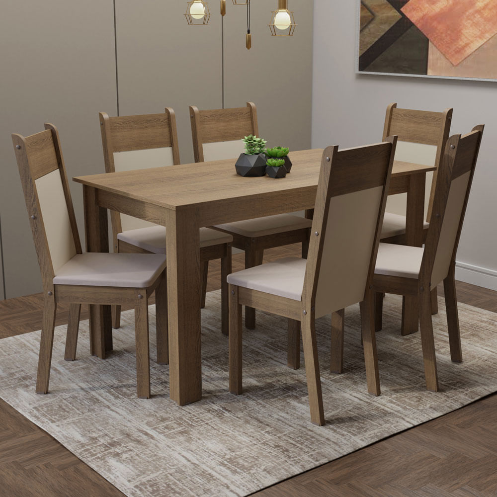 Conjunto Sala De Jantar Madesa Medelin Mesa Tampo De Madeira Com 6 Cadeiras Rustic/Crema/Bege Marrom