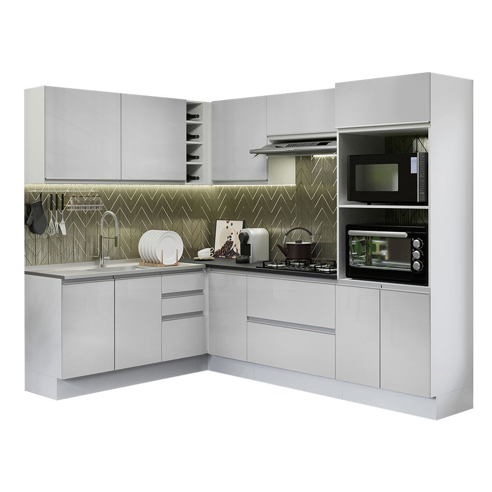 Cozinha Completa De Canto 100% Mdf Madesa Acordes 419003 Com Armário E Balcão (Sem Tampo E Pia) Frentes Branco Brilho Branco