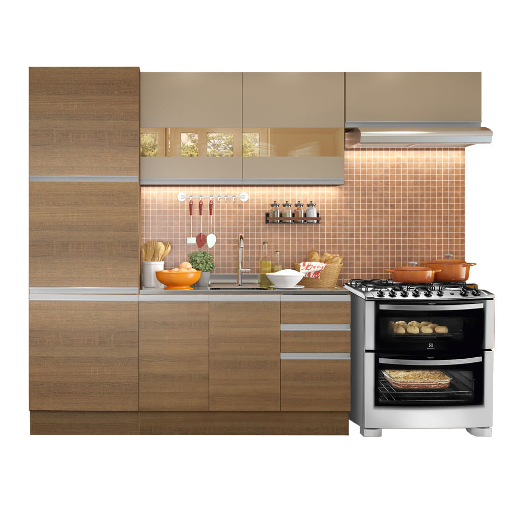 Cozinha Completa Madesa Glamy 260001 Com Armário E Balcão (Sem Tampo E Pia) Rustic/Crema Marrom
