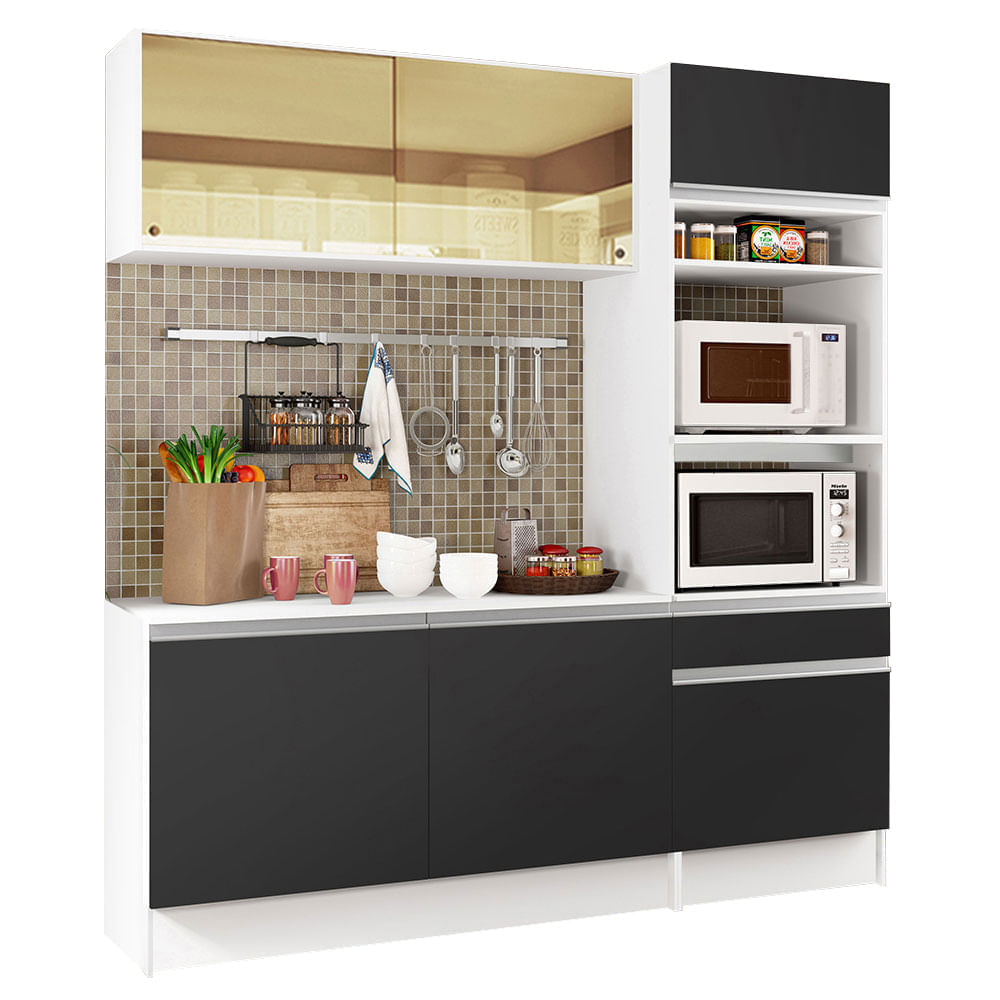 Cozinha Compacta Madesa Diamante Pop Com Armário, Balcão E Tampo Branco/Preto Branco