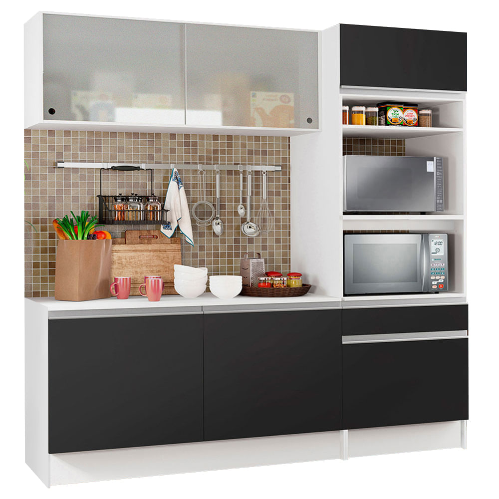 Cozinha Compacta Madesa Topazio Pop Com Armário, Balcão E Tampo Branco/Preto Branco