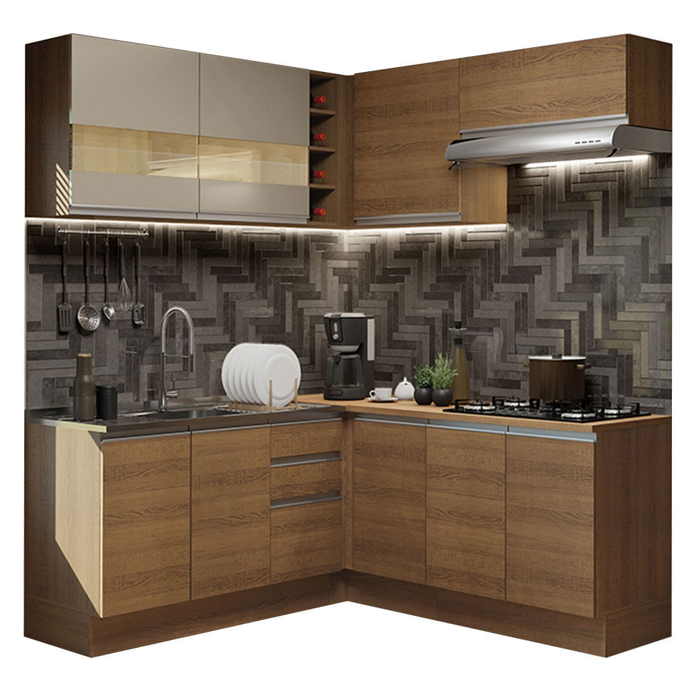 Cozinha Completa De Canto Madesa Glamy 349001 Com Armário E Balcão (Sem Tampo E Pia) Rustic/Rustic/Crema Marrom