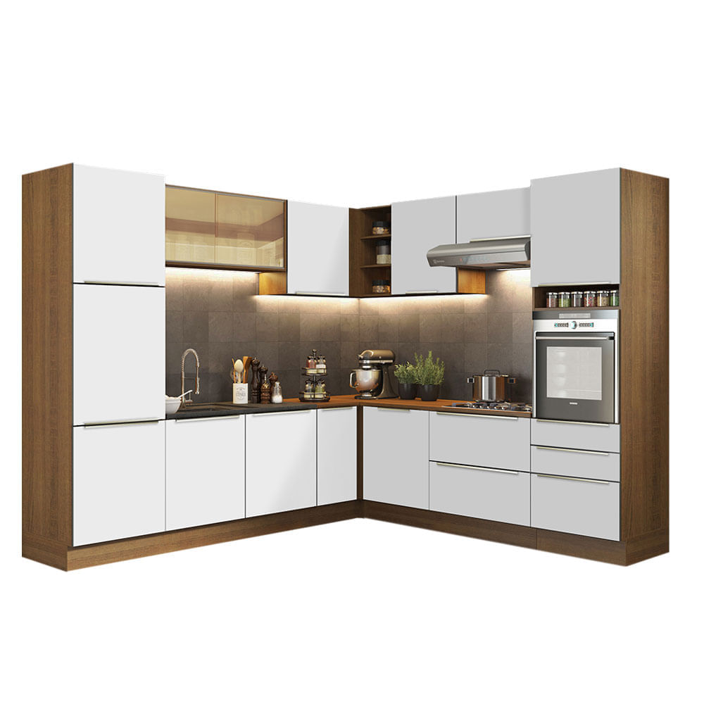 Cozinha Completa De Canto Madesa Lux Com Armário E Balcão Rustic/Branco Veludo Marrom