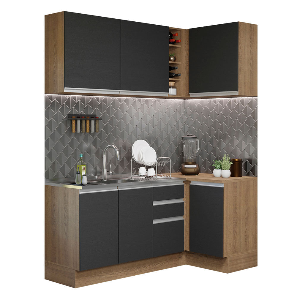 Cozinha Completa De Canto Madesa Glamy 269001 Com Armário E Balcão (Sem Tampo E Pia) Rustic/Preto Marrom