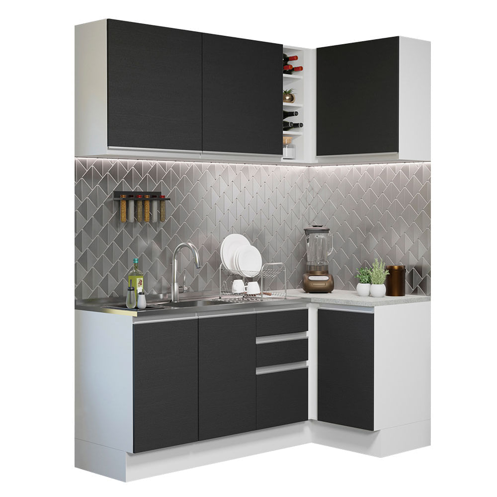 Cozinha Completa De Canto Madesa Glamy 269001 Com Armário E Balcão (Sem Tampo E Pia) Branco/Preto Branco