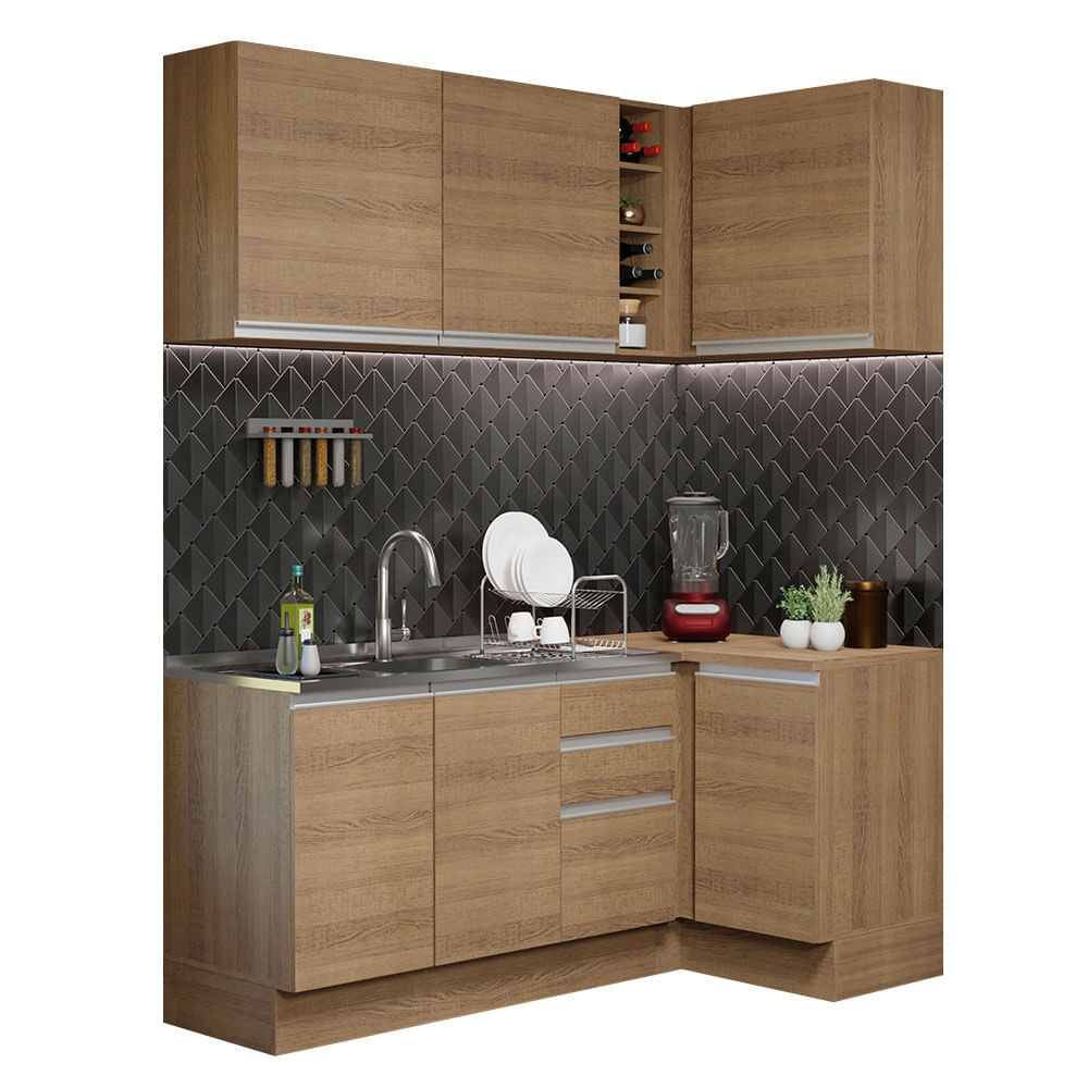 Cozinha Completa De Canto Madesa Glamy 269001 Com Armário E Balcão (Sem Tampo E Pia) Rustic Marrom