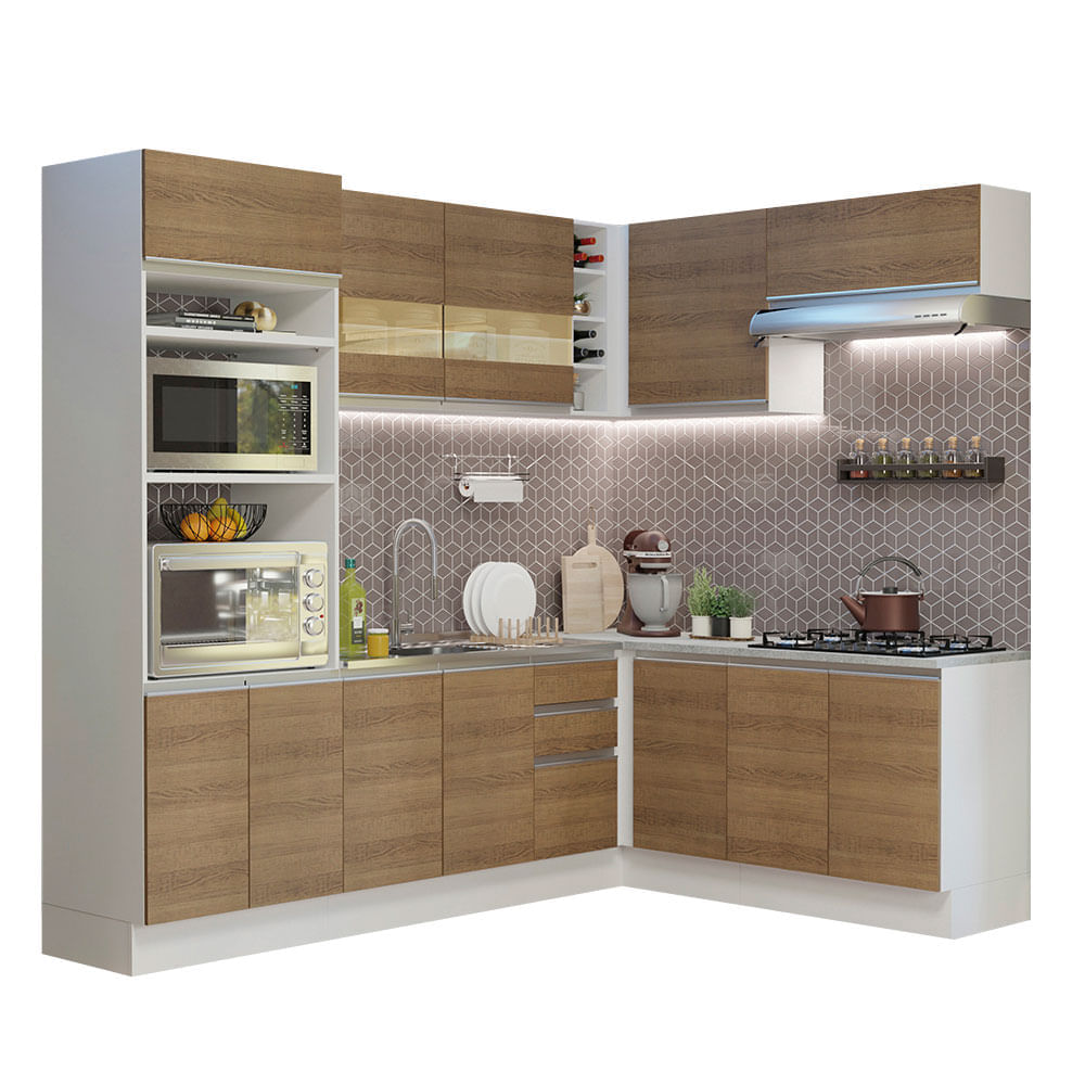 Cozinha Completa De Canto Madesa Glamy 419001 Com Armário E Balcão (Sem Tampo E Pia) Branco/Rustic Madesa