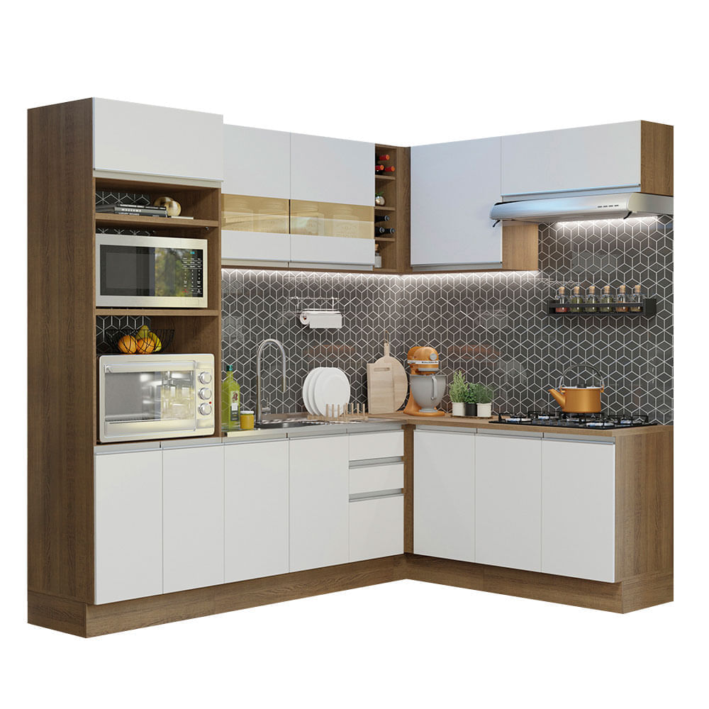 Cozinha Completa De Canto Madesa Glamy 419001 Com Armário E Balcão (Sem Tampo E Pia) Rustic/Branco Madesa
