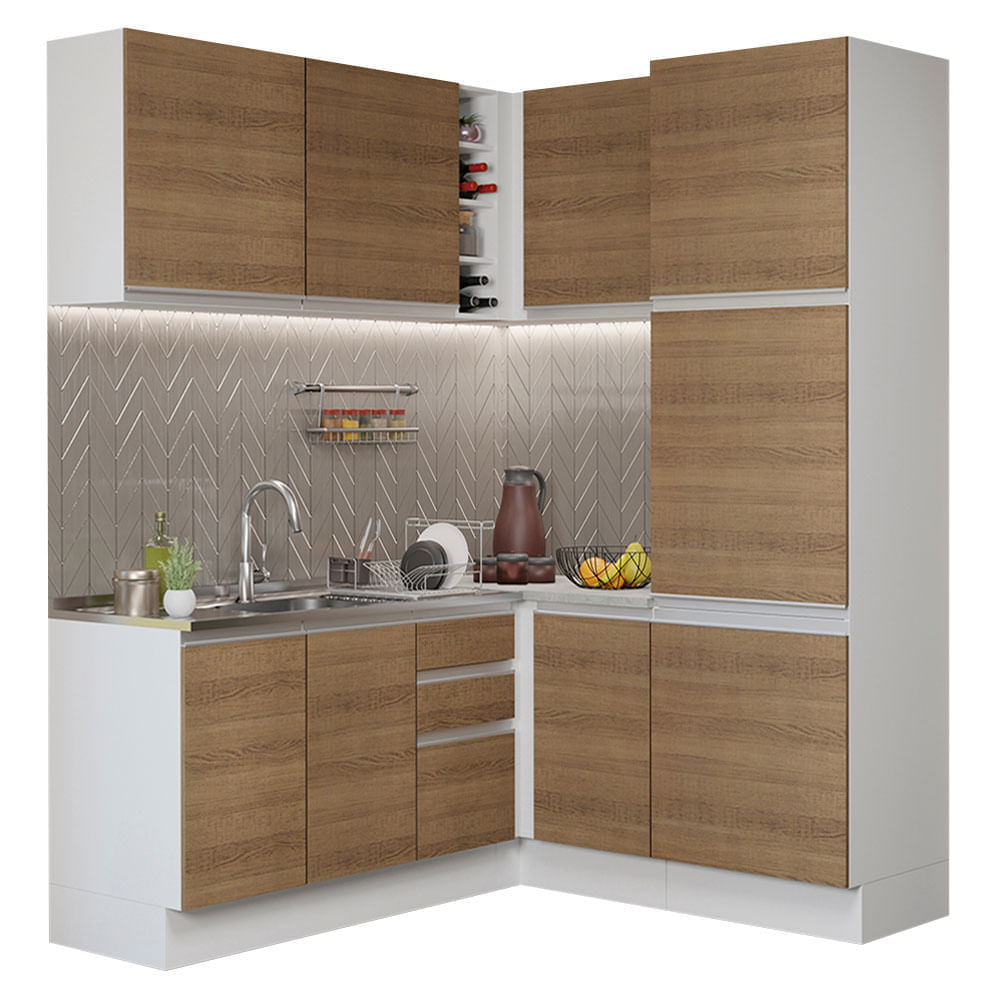 Cozinha Completa De Canto Madesa Glamy 329001 Com Armário E Balcão (Sem Tampo E Pia) Branco/Rustic Madesa
