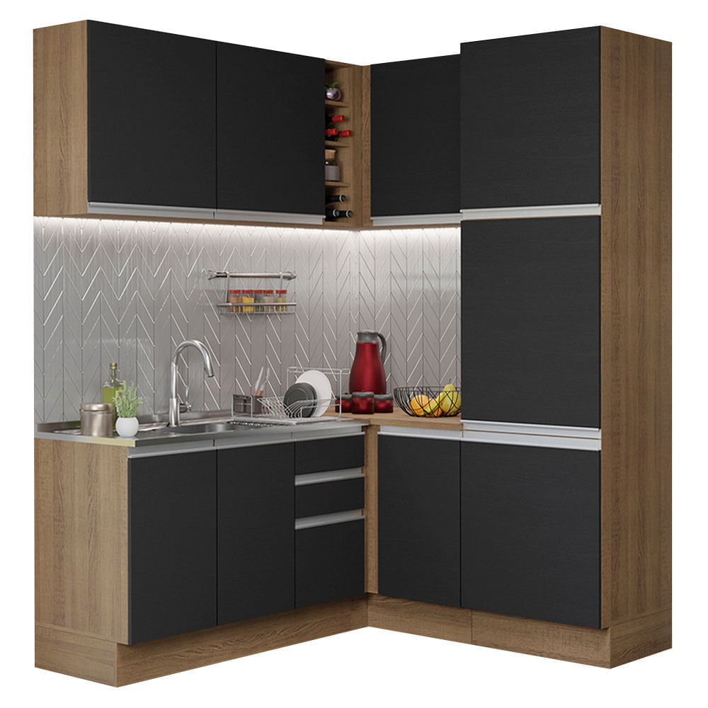 Cozinha Completa De Canto Madesa Glamy 329001 Com Armário E Balcão (Sem Tampo E Pia) Rustic/Preto Madesa