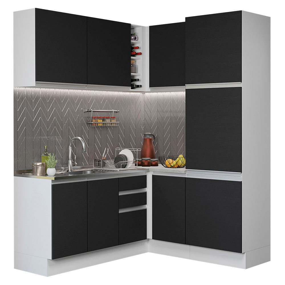 Cozinha Completa De Canto Madesa Glamy 329001 Com Armário E Balcão (Sem Tampo E Pia) Branco/Preto Madesa