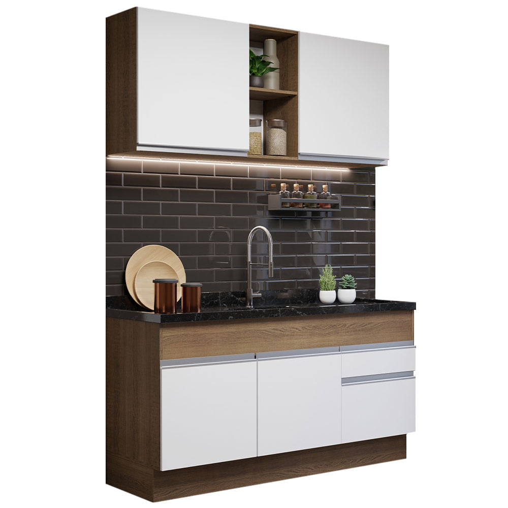 Cozinha Compacta Madesa Glamy 150002 Com Armário E Balcão (Sem Tampo E Pia) Rustic/Branco