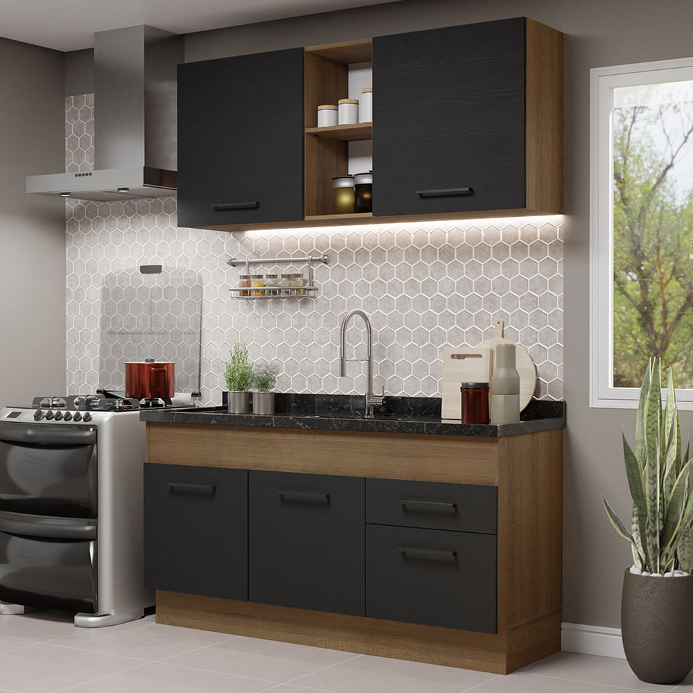 Cozinha Compacta Madesa Agata 150002 Com Armário E Balcão (Sem Tampo E Pia) Rustic/Preto Madesa