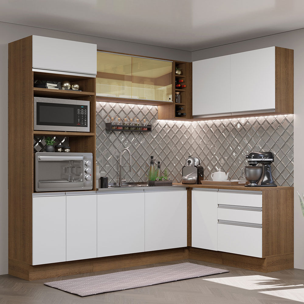 Cozinha Completa De Canto Madesa Glamy 399002 Com Armário E Balcão (Sem Tampo E Pia) Rustic/Branco Madesa