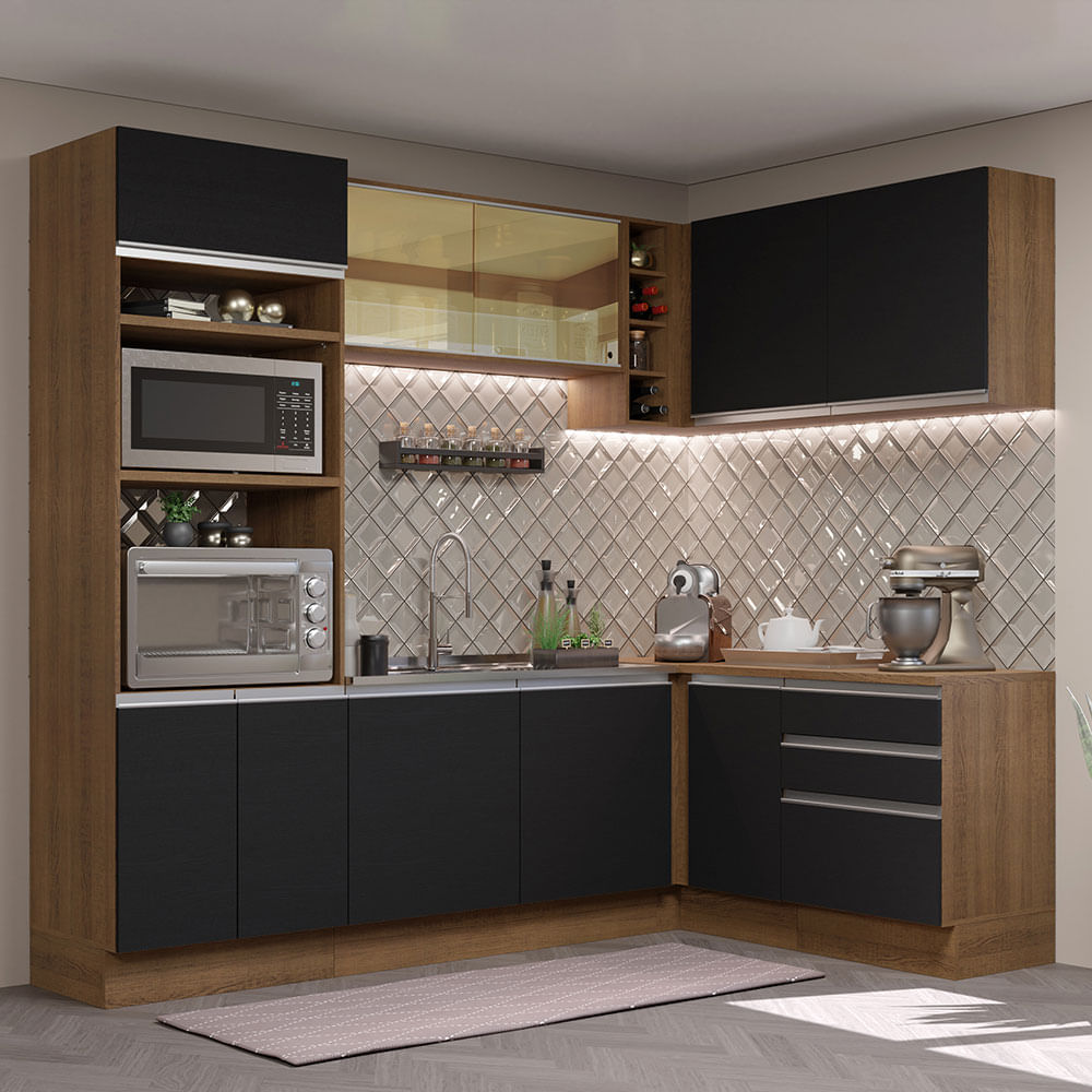 Cozinha Completa De Canto Madesa Glamy 399002 Com Armário E Balcão (Sem Tampo E Pia) Rustic/Preto Madesa