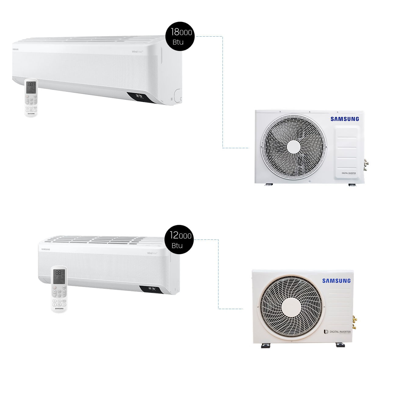 Kit Ar Condicionados 12.000 Btu E 18.000 Btu Sem Vento Samsung Windfree Quente E Frio 220V