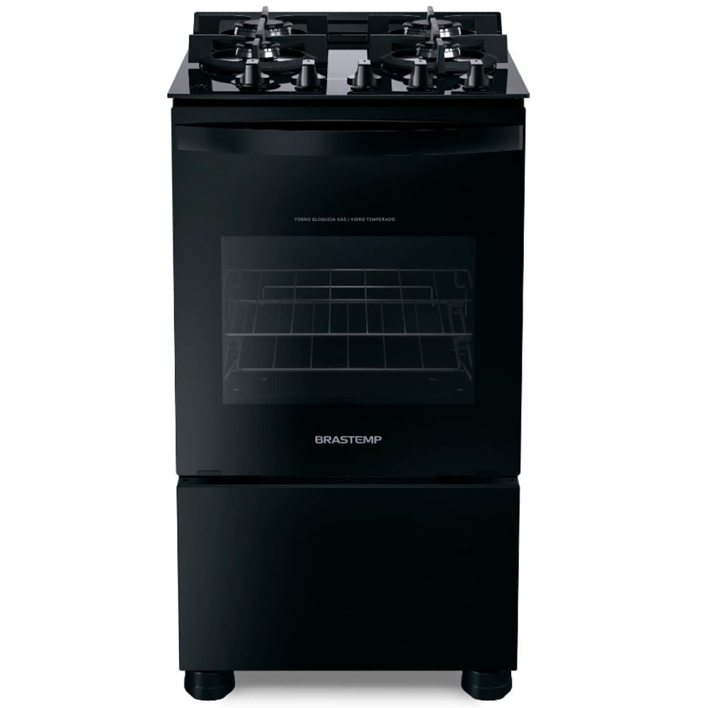 Fogão Brastemp 4 Bocas Preto Com Mesa De Vidro E Grades Duplas De Ferro Fundido - Bfo4vae Bivolt