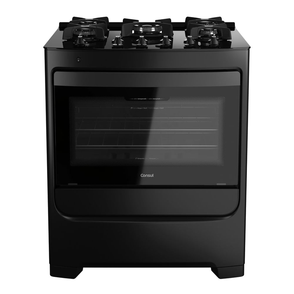 Fogão Consul 5 bocas Preto com mesa de vidro, chama dupla especial e grades individuais de ferro fundido Outlet - CFS5VAE_OUT BIVOLT