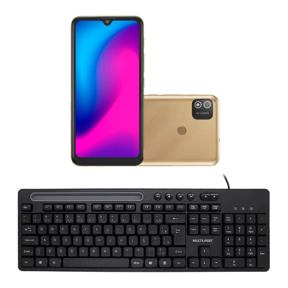 Combo Office - Smartphone Multilaser G 2 32Gb 6.1 Pol. Dual Chip Android 11 Dourado E Teclado Com Fio Slot Conexão Usb Preto - P9155k