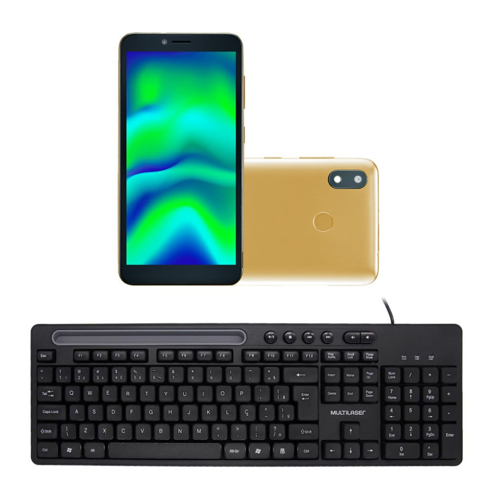 Combo Office - Smartphone Multilaser F Pro 2 32Gb Dual Chip Android 11 Dourado E Teclado Com Fio Slot Conexão Usb Preto - P9153k Dourado