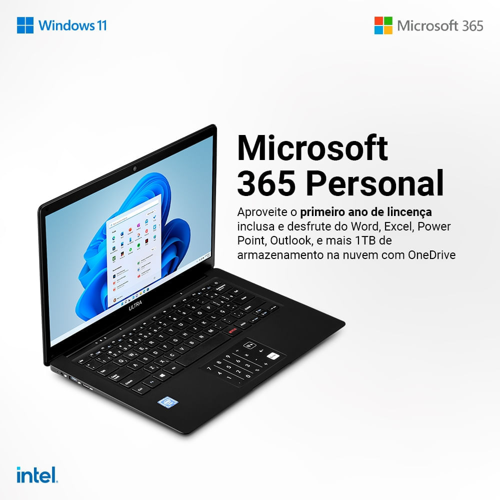 Notebook Legacy Book, Com Windows 11 Home, Intel Celeron 4Gb 64Gb 14,1 Pol. Hd, Preto + Microsoft 365 Personal 1Tb Na Nuvem - Pc270out - [Reembalado] Multilaser